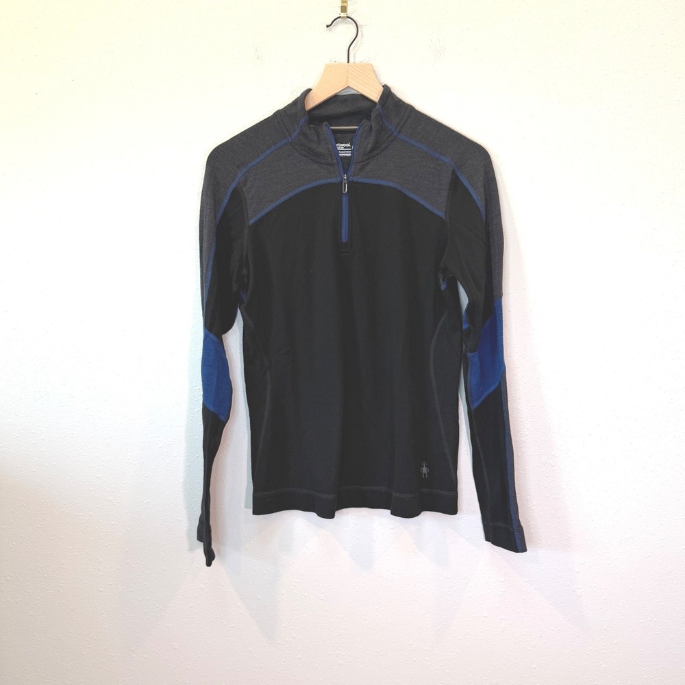 Smartwool Merino 250 Base Layer Women Large Black Blue 1/4 Zip Hiking Pullover